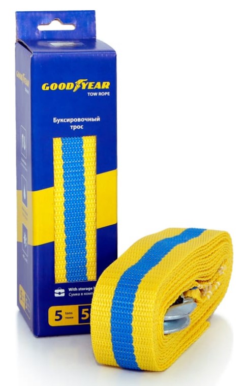 Трос буксир. лента  5т 5м  с крюками сумка Goodyear